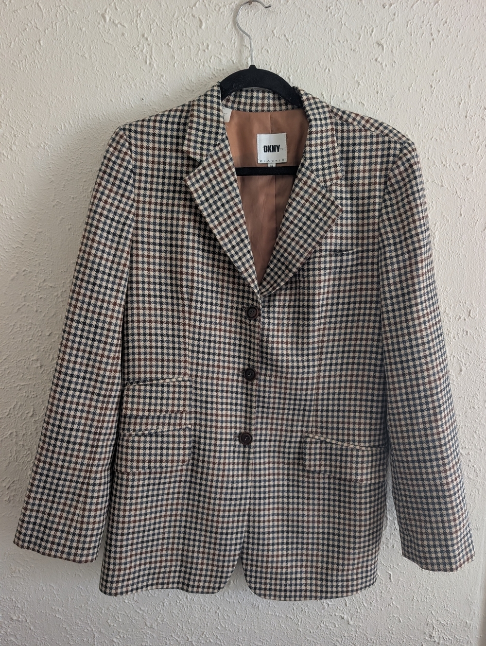 Vintage DKNY Women's Checked Blazer in Beige, Brown & Black